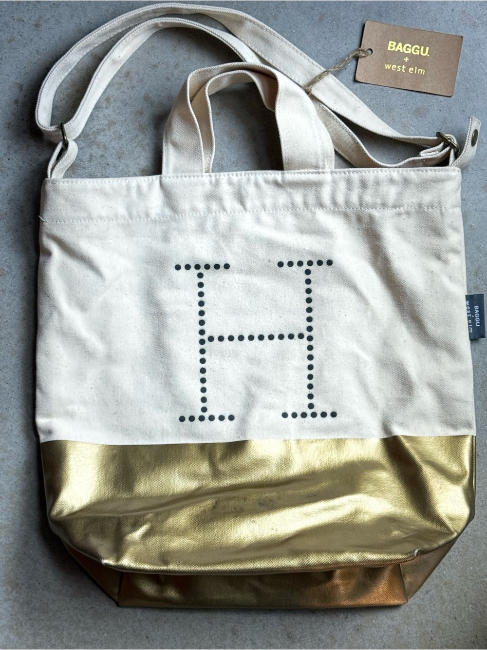 West Elm Baggu Duck Canvas Tote Letter H Crossbody Bag Cream Gold NWT